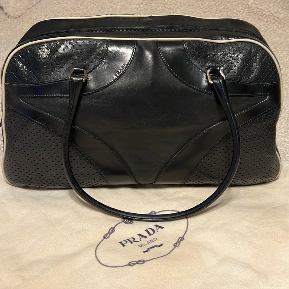 PRADA VITELLO LEATHER BLACK BOWLING BAG WITH WHITE TRIM with Lock and Dust bag